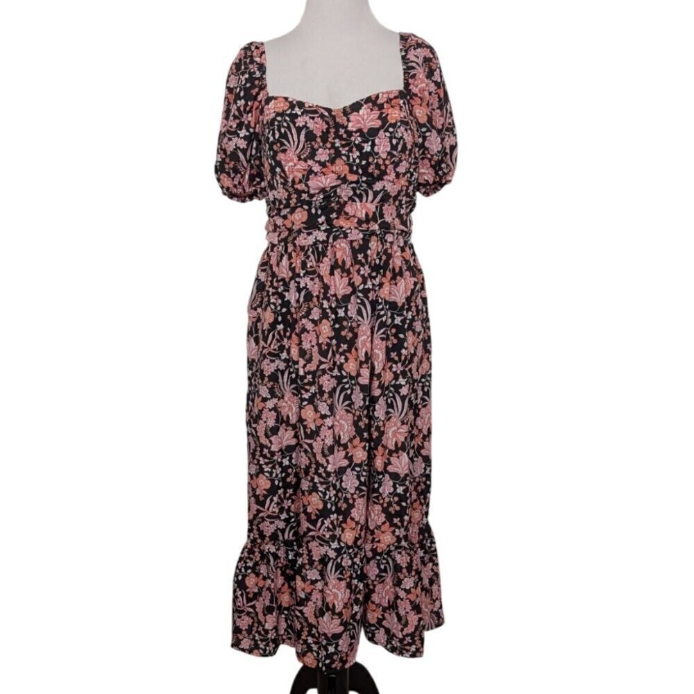Maurices Floral Midi Dress Womens Size Medium Black Sweetheart Neck Smocked